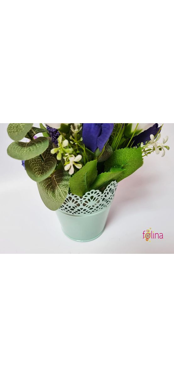 Flori artificiale mov în vas metalic bleu, Folina, 30 cm înălţime