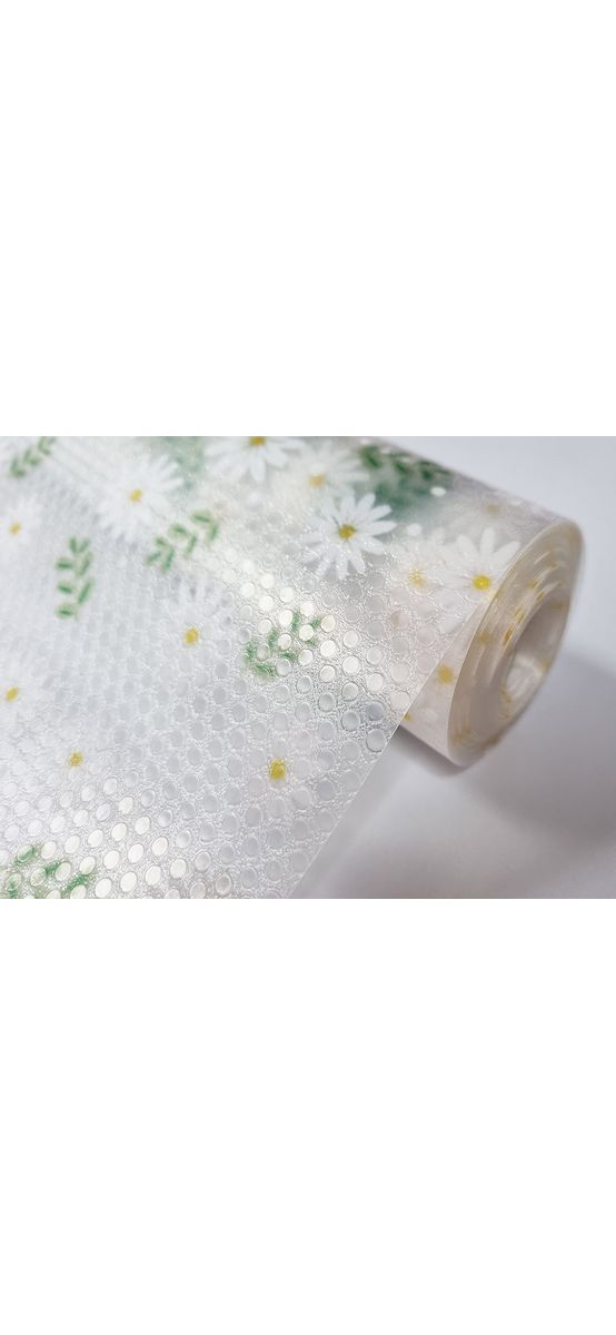 Folie protecţie sertare, PVC semitransparent cu flori albe, material impermeabil, rolă de 50 cm x 5 metri