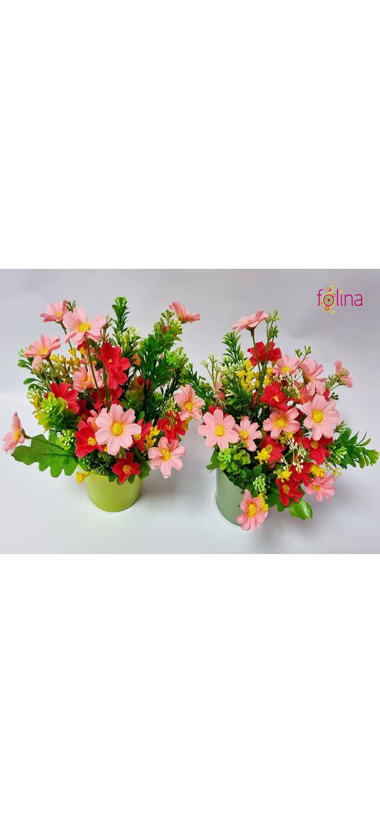 Set 2 ghivece verzi cu flori artificiale roz, 25 cm înălţime