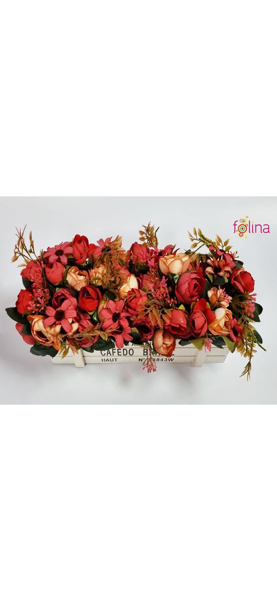 Aranjament cu flori artificiale, bujori în cutie din lemn alb, 33x15cm