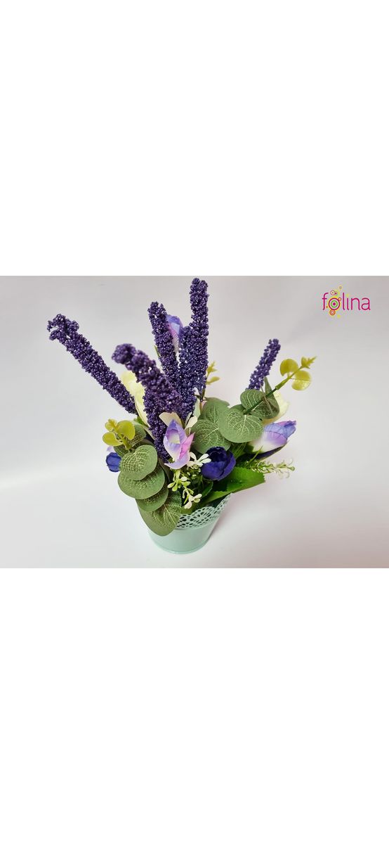 Flori artificiale mov în vas metalic bleu, Folina, 30 cm înălţime
