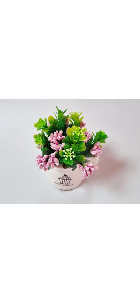 Decoraţiune cu flori artificiale verzi şi roz în vas ceramic alb
