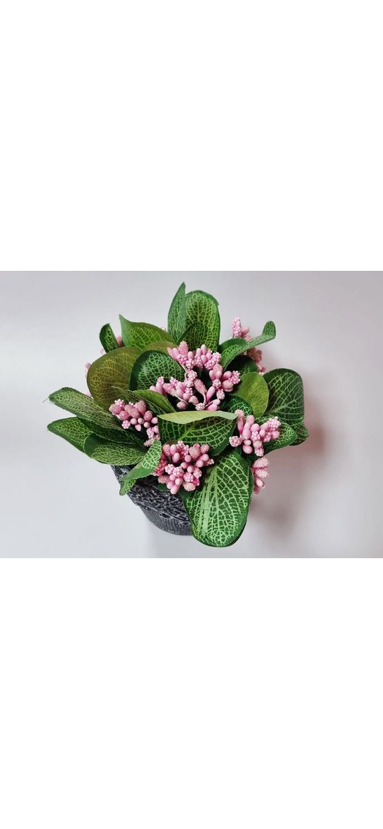 Flori artificiale, Folina, aranjament cu plante verzi şi stamine roz în vas ceramic gri