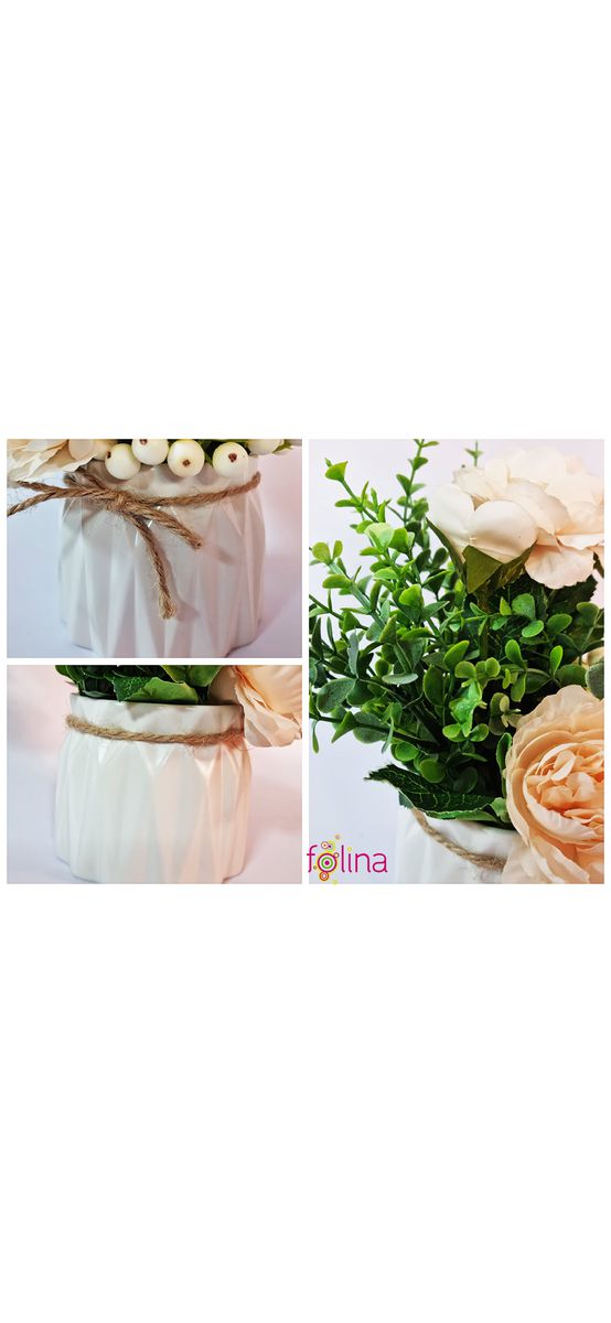 Aranjament flori artificiale, bujori albi în vas ceramic alb, 20 cm