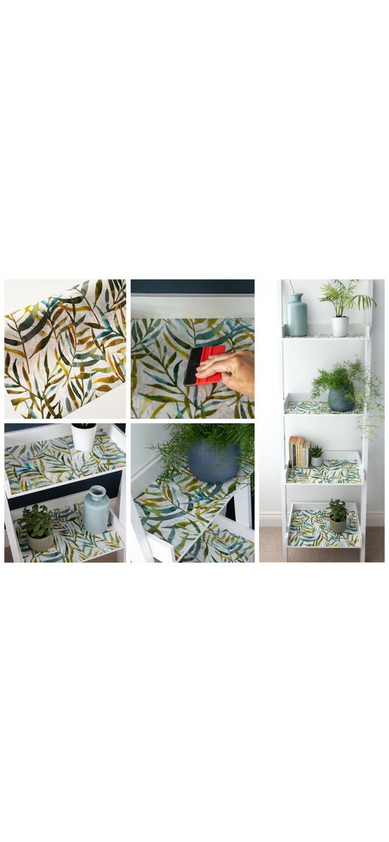 Autocolant mobilă decorativ Lorina, d-c-fix, gri cu imprimeu frunze verzi, rolă de 45 cm x 5 metri, cu racletă şi cutter