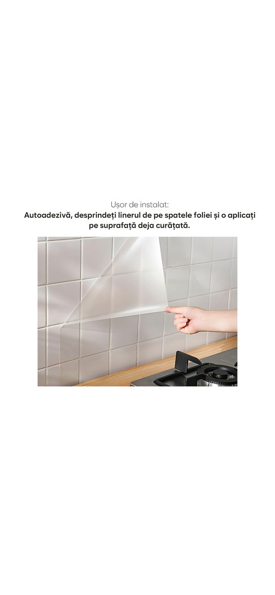 Folie de protecție autoadezivă pentru perete, transparentă și rezistentă la căldură, aspect lucios, rolă 61x100 cm, racletă inclusă