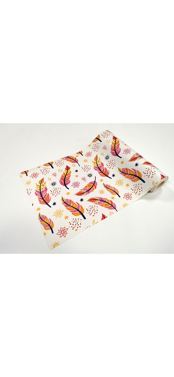 Folie protecţie sertare, model pene boho, din PVC antiderapant cu grosime de 1,5 mm, material impermeabil, rolă de 50x155 cm