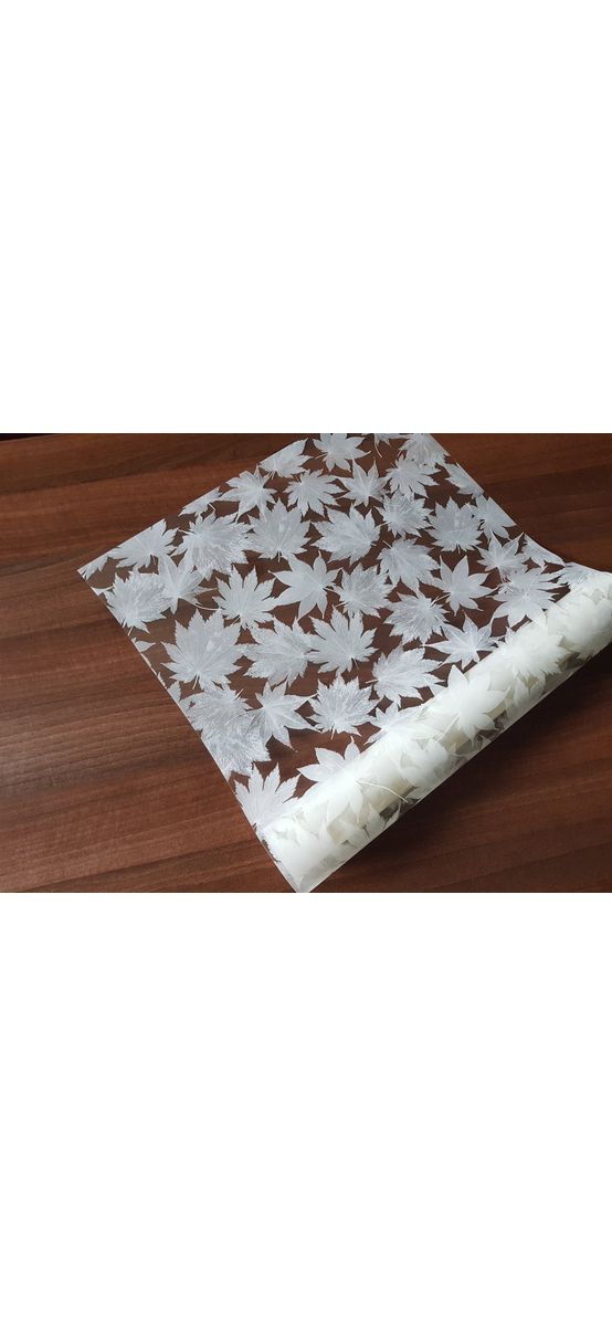 Folie geam autoadezivă cu model frunze albe pe fundal transparent, rolă de 75x200 cm