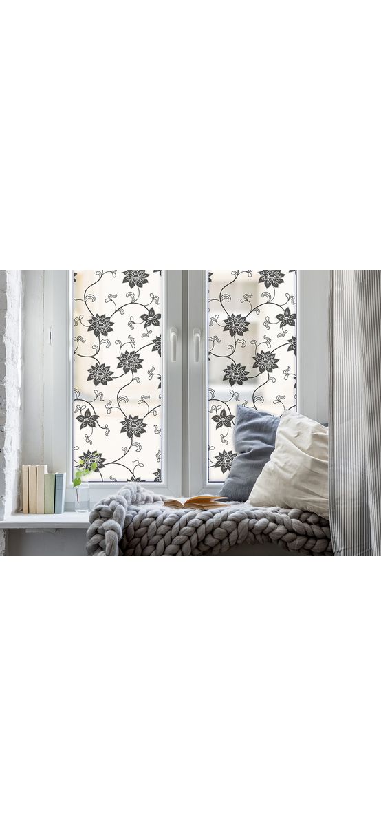 Folie geam autoadezivă Dora, Folina, sablare cu imprimeu floral negru, lățime 100 cm