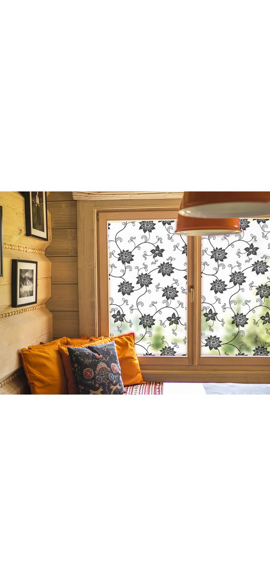 Folie geam autoadezivă Dora, Folina, sablare cu imprimeu floral negru, lățime 100 cm