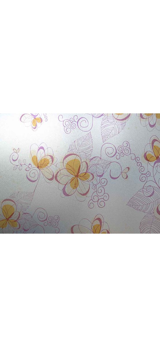 Folie geam autoadezivă, Folina Eva, sablare cu imprimeu floral portocaliu şi mov, lățime 90 cm