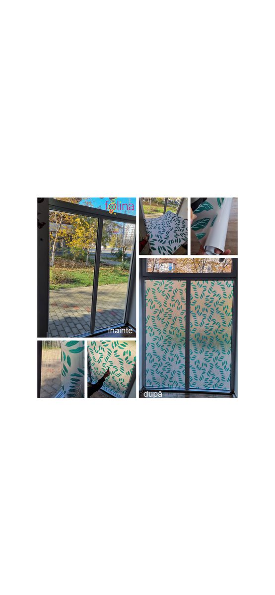 Folie geam autoadezivă, Folina, sablare decorativă cu imprimeu crenguţe verzi, 100 cm lăţime
