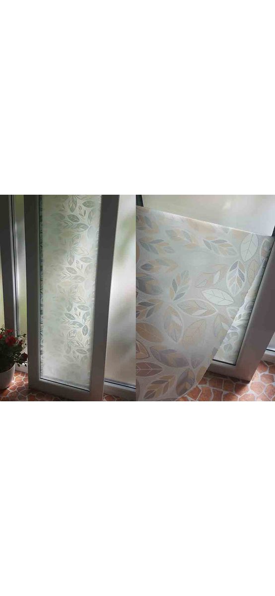 Folie geam autoadezivă, Folina Eos, sablare cu frunze stilizate bej, 90 cm latime