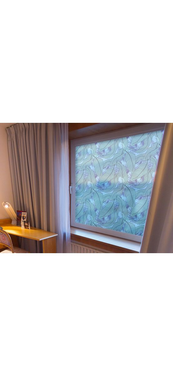 Folie geam autoadezivă frunze, Folina, imprimeu albastru, 100 cm lăţime