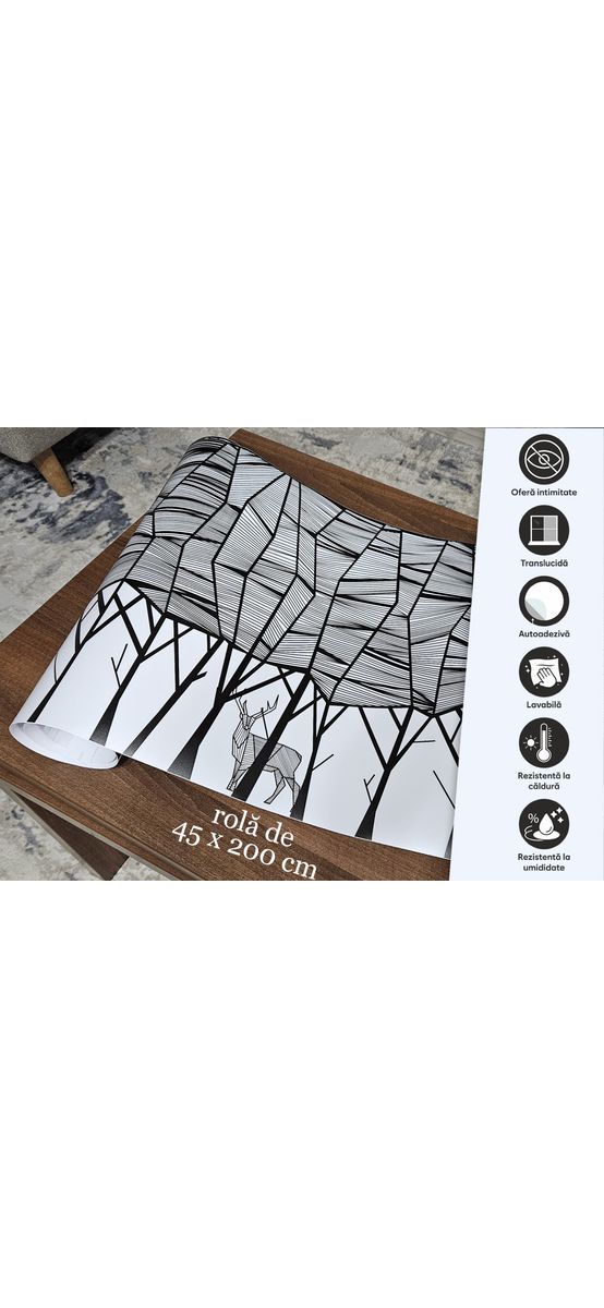 Folie geam autoadezivă, sablare tip bordură decorativă cu model pădure minimalistă, rolă de 45x200 cm, racletă de aplicare inclusă