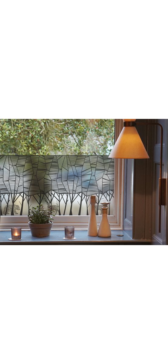 Folie geam autoadezivă, sablare tip bordură decorativă cu model pădure minimalistă, rolă de 45x200 cm, racletă de aplicare inclusă