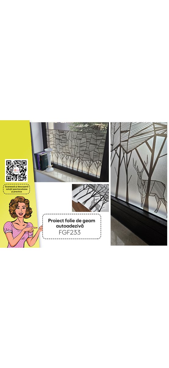 Folie geam autoadezivă, sablare tip bordură decorativă cu model pădure minimalistă, rolă de 45x200 cm, racletă de aplicare inclusă