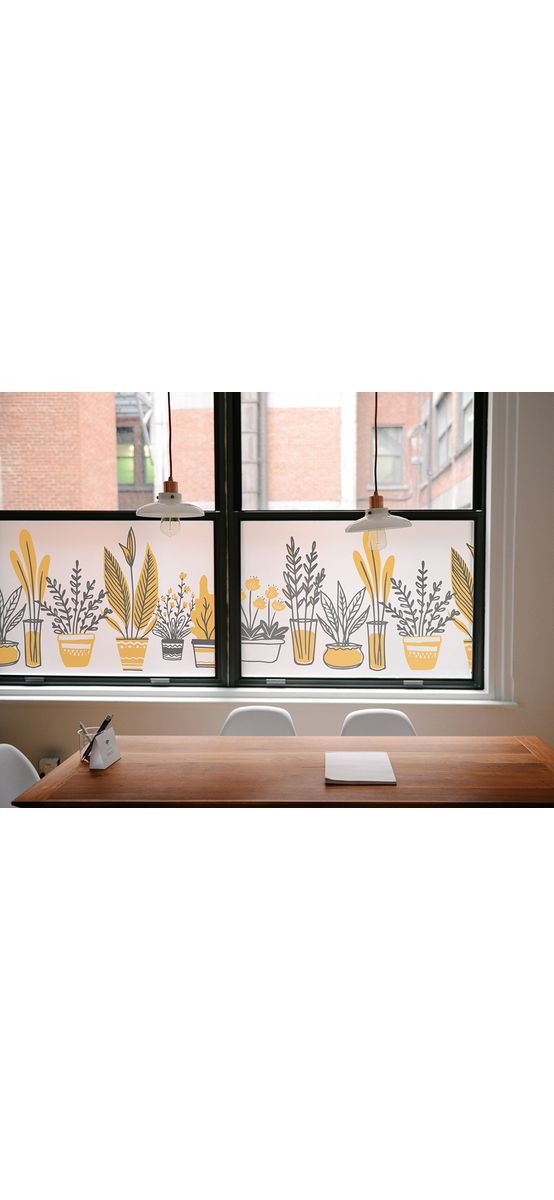 Folie geam autoadezivă, sablare tip bordură decorativă cu model plante în ghiveci, rolă 50x200 cm, racletă de aplicare inclusă