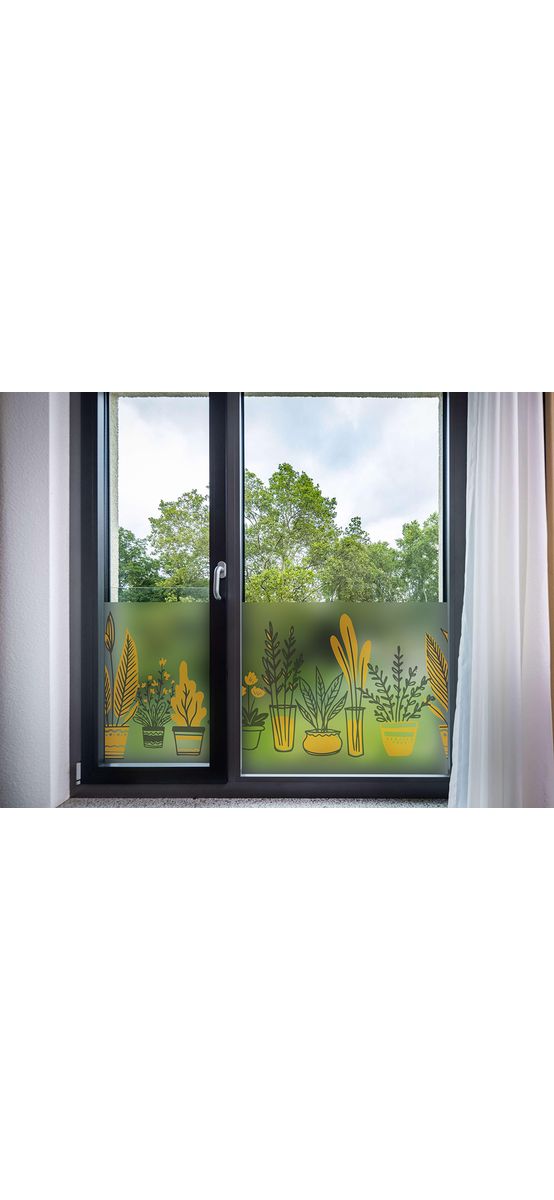 Folie geam autoadezivă, sablare tip bordură decorativă cu model plante în ghiveci, rolă 50x200 cm, racletă de aplicare inclusă