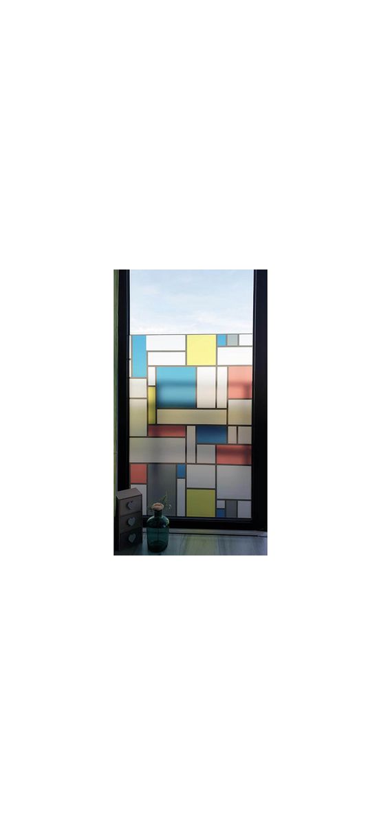 Folie geam autoadezivă Mondrian, Folina, model geometric multicolor, 100 cm lăţime
