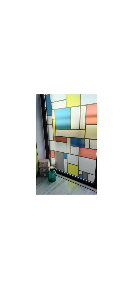 Folie geam autoadezivă Mondrian, Folina, model geometric multicolor, 100 cm lăţime