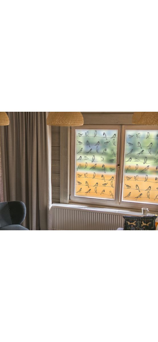 Folie geam autoadezivă Birdy, Folina, sablare cu model pasari gri, 100 cm lăţime