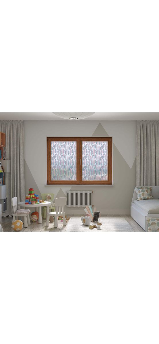 Folie geam autoadezivă Yates, Folina, sablare cu model pene colorate, rolă de 100x250 cm , racletă inclusă