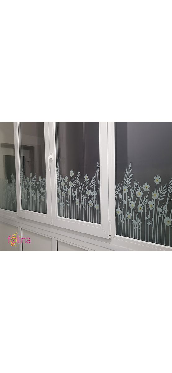 Folie geam autoadezivă Flori de câmp, sablare tip bordură decorativă, 45x200 cm, cu racletă aplicare