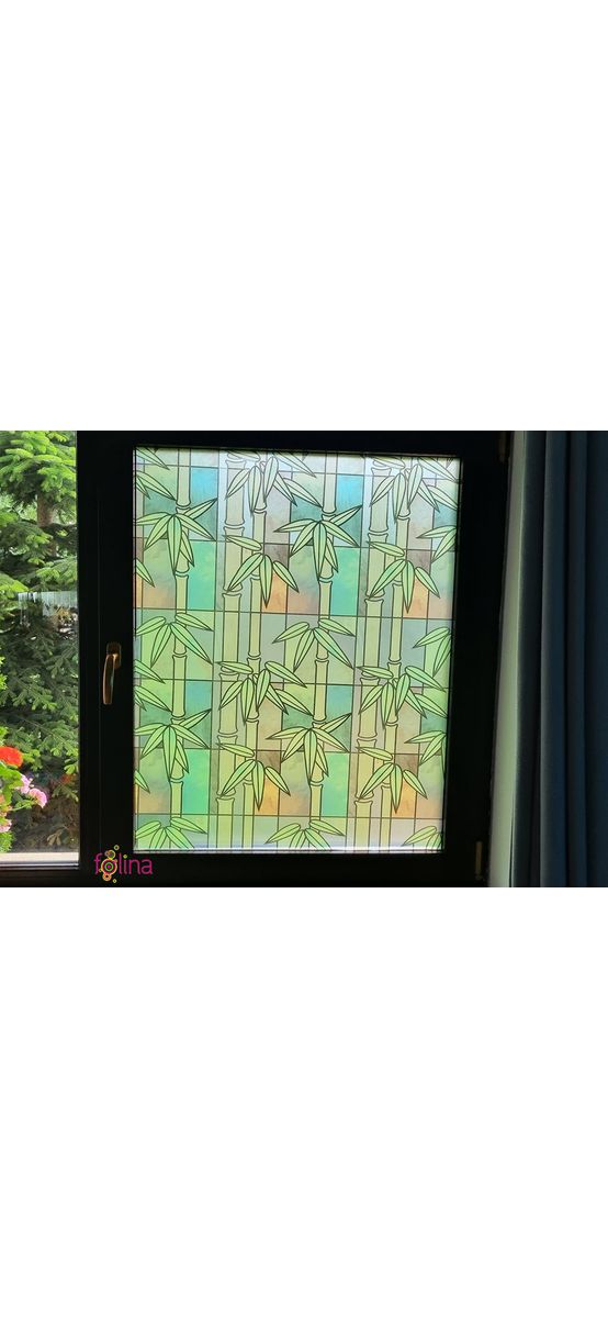 Folie geam autoadezivă, Folina Exotique, sablare tip vitraliu verde cu crengi bambus, 90 cm lăţime