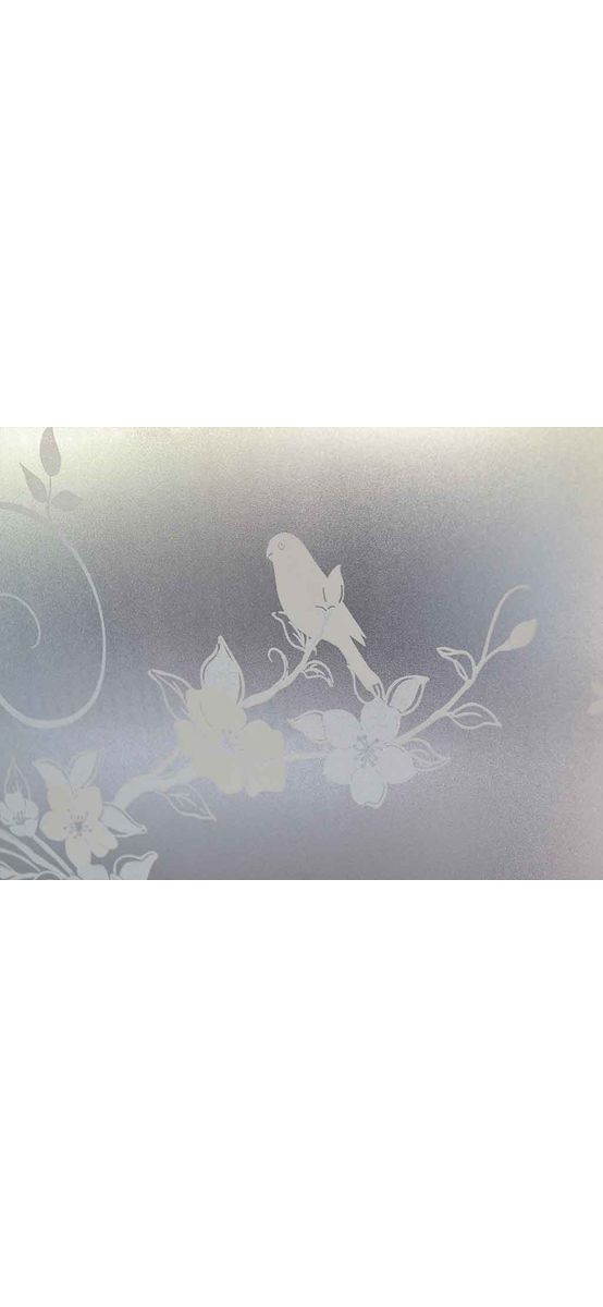 Folie geam autoadezivă, Folina Bird, sablare cu imprimeu floral alb și păsări, 90 cm lățimea rolei