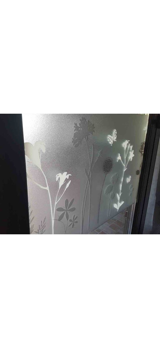 Folie geam electrostatică Blossom, d-c-fix, bordură decorativă cu efect de sablare, imprimeu floral gri, rolă de 45x300 cm