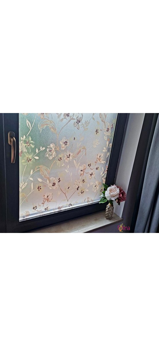 Folie geam autoadezivă, Folina Veti, sablare cu imprimeu floral maro, rolă de 70x175 cm , racletă pentru aplicare inclusă