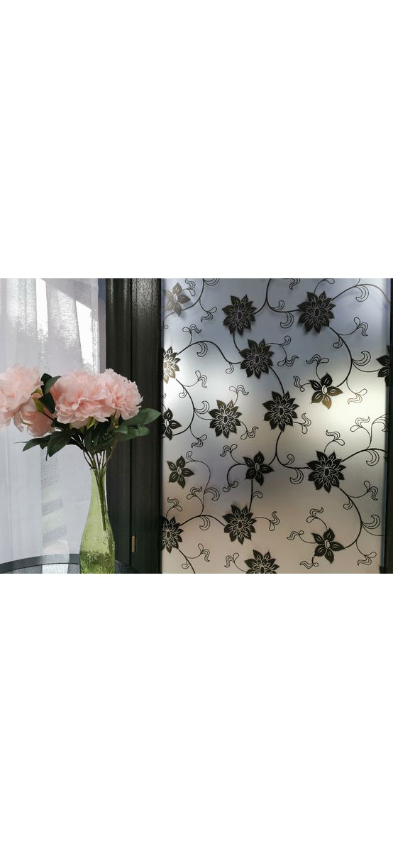 Folie geam autoadezivă Dora, Folina, sablare cu imprimeu floral negru, lățime 100 cm