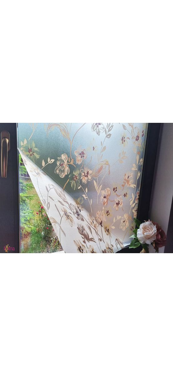 Folie geam autoadezivă, Folina Veti, sablare cu imprimeu floral maro, 90 cm lăţime