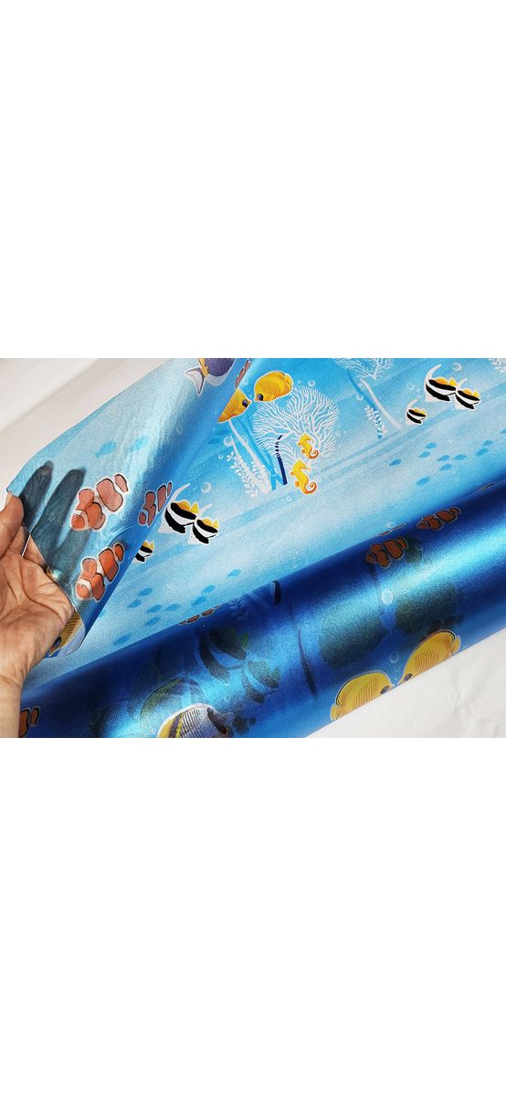 Folie geam cabină duş, sablare albastră cu model pești şi corali, 90 cm lăţime