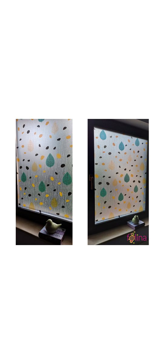 Folie geam autoadezivă, Folina, sablare cu frunze stilizate colorate, 90 cm lăţime