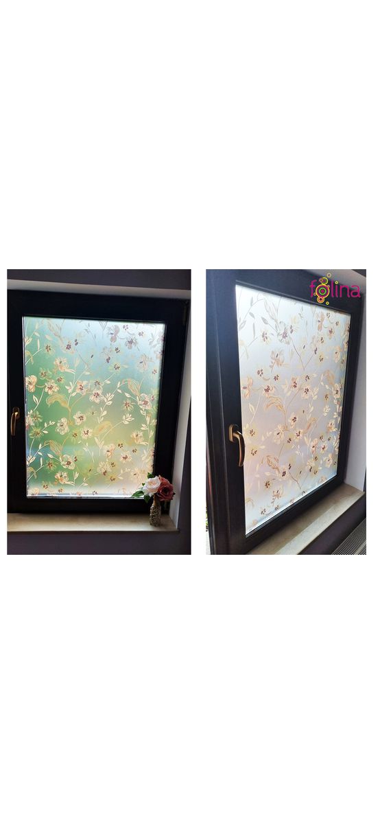 Folie geam autoadezivă, Folina Veti, sablare cu imprimeu floral maro, rolă de 70x175 cm , racletă pentru aplicare inclusă