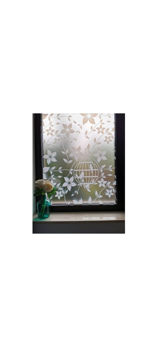 Folie geam autoadezivă Bird Garden, sablare cu imprimeu floral alb, rolă de 100x200cm