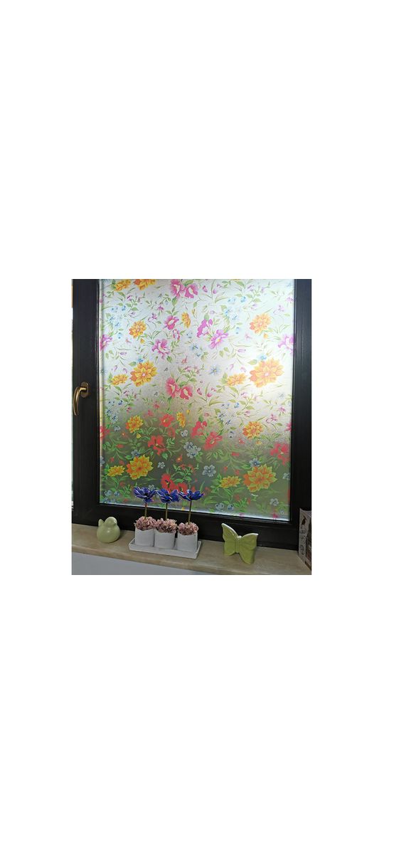 Folie geam autoadezivă Aida, Folina, sablare cu model floral multicolor, 90 cm lăţime