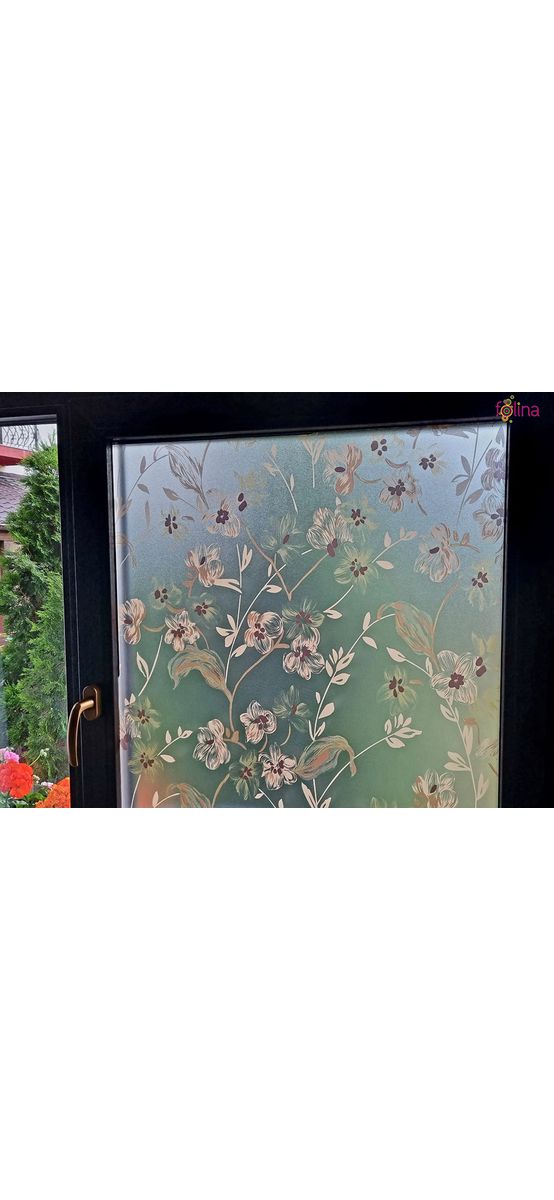 Folie geam autoadezivă, Folina Veti, sablare cu imprimeu floral maro, 90 cm lăţime