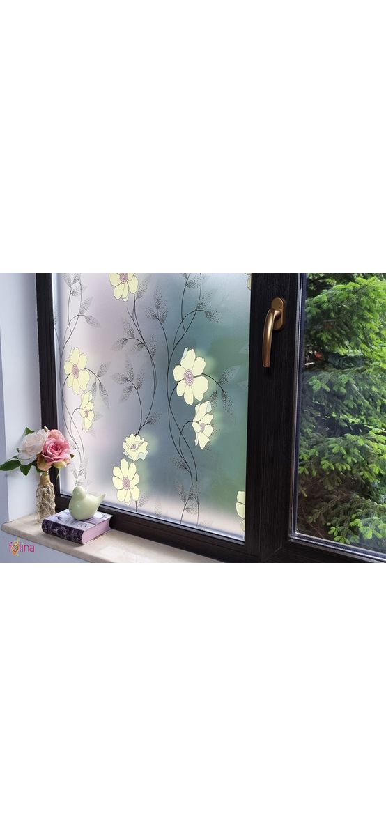 Folie geam autoadezivă, Folina, sablare cu model floral galben, 90 cm