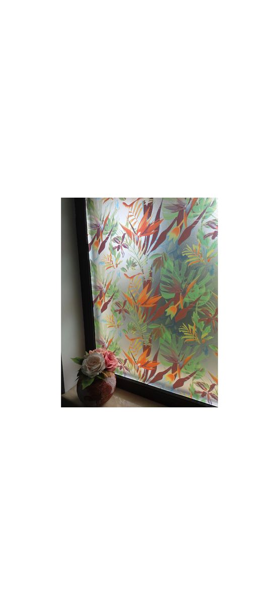 Folie autoadezivă decorativă pentru geam, sablare cu model tropical floral – 90 cm lățime, la metru liniar