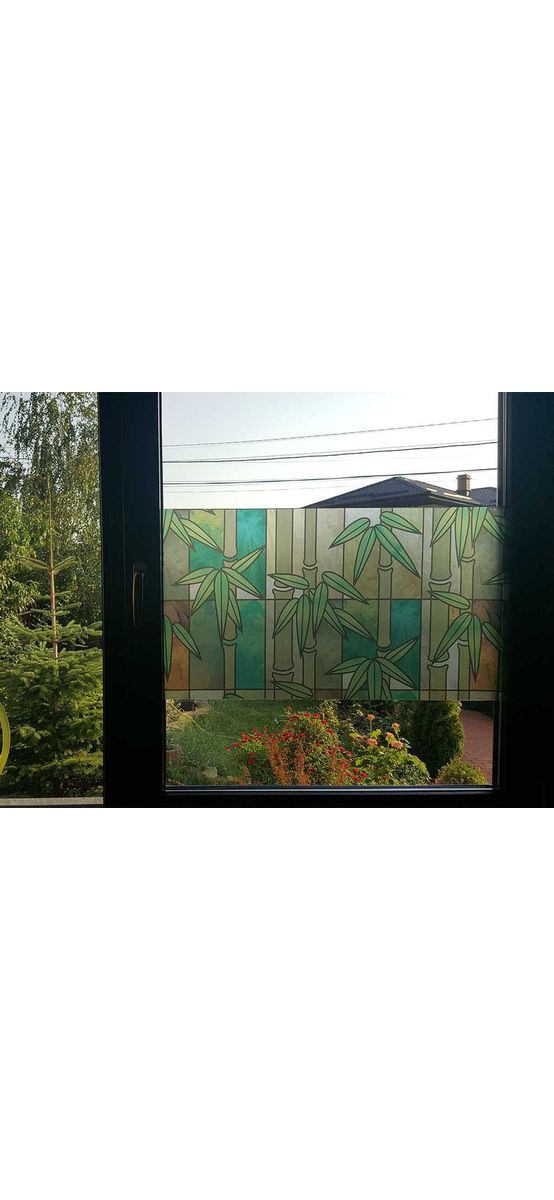 Folie geam autoadezivă, Folina Exotique, sablare tip vitraliu verde cu crengi bambus, 90 cm lăţime