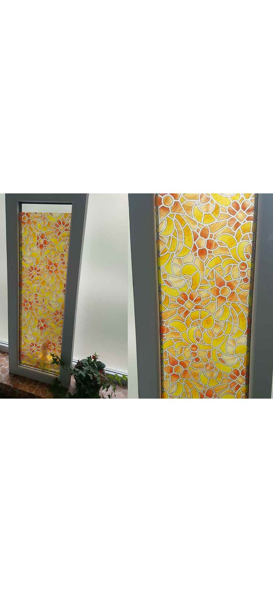 Folie geam autoadezivă, Folina, imprimeu vitraliu, galben, lățime 90 cm