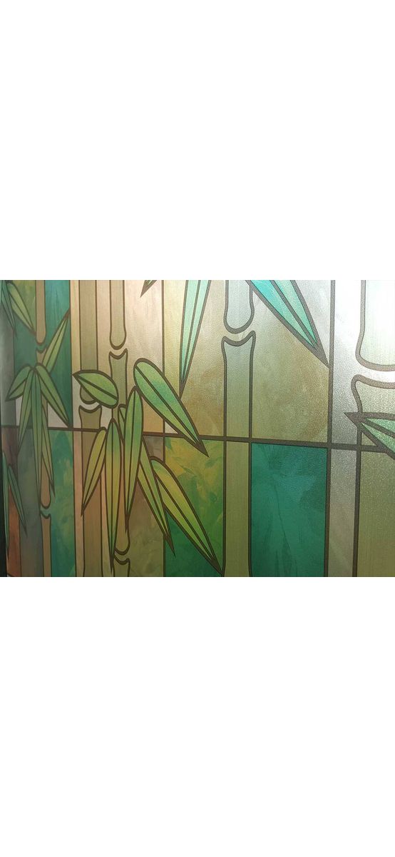 Folie geam autoadezivă, Folina Exotique, sablare tip vitraliu verde cu crengi bambus, 90 cm lăţime