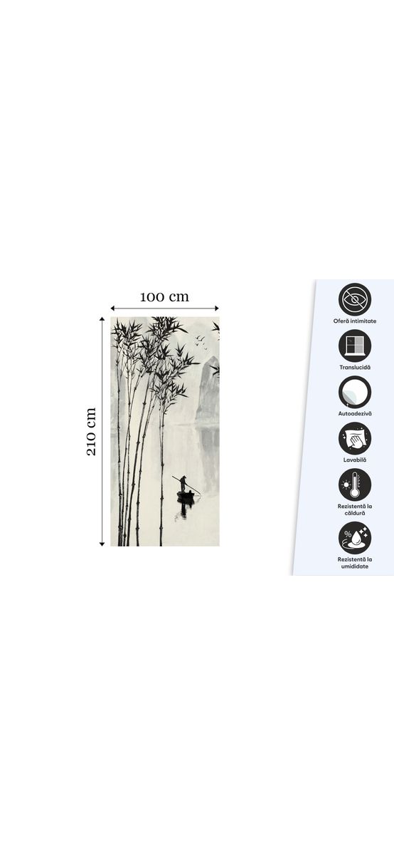 Folie geam cabină duș, Folina, sablare cu model peisaj tradițional asiatic, rolă de 100x210 cm