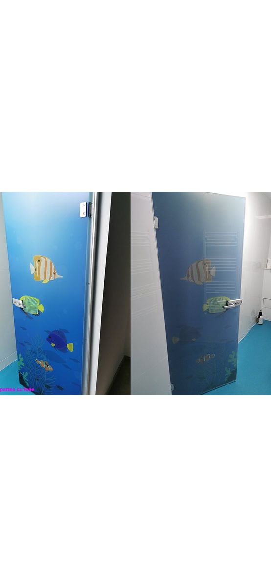 Folie geam cabină duş, Folina, sablare albastră cu  peisaj marin, autoadezivă, rolă de 100x210 cm