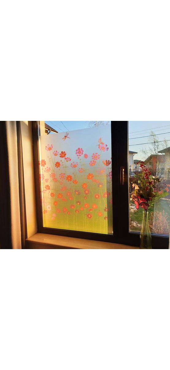 Folie geam autoadezivă Câmp cu maci, Folina, model floral, multicolor, lățime 90 cm