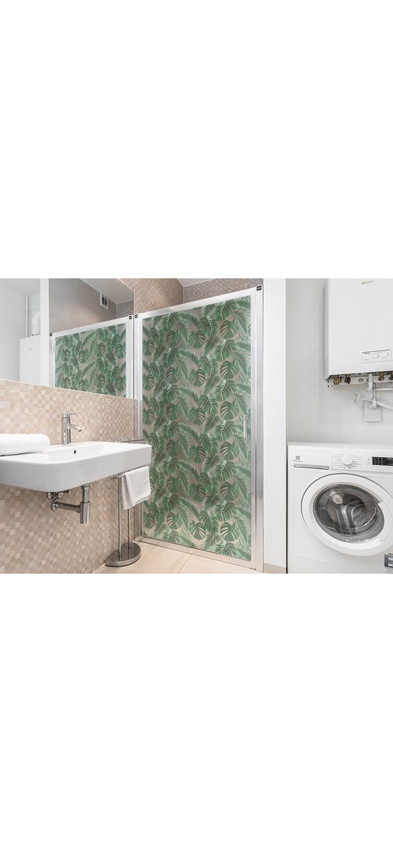 Folie geam cabină duş, Folina, sablare cu imprimeu frunze verzi, rolă de 100x210 cm