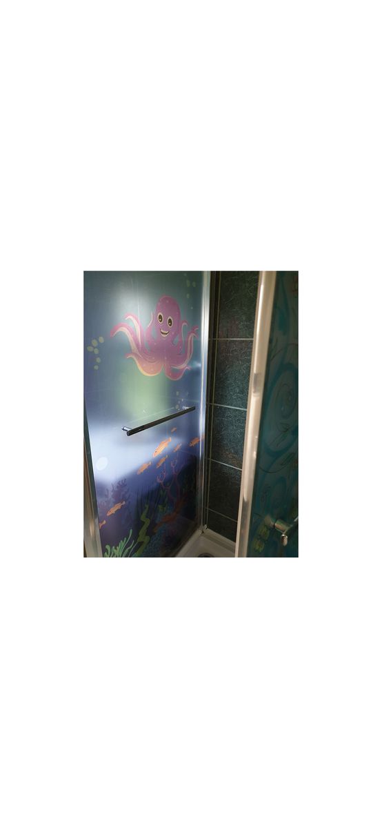 Folie cabină duş, Folina, sablare albastră cu peisaj marin multicolor, rolă de 100x210 cm